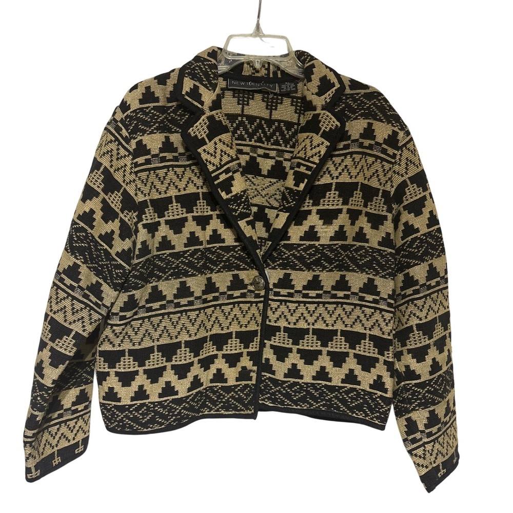 NEW IDENTITY Aztec Geometric Print Cotton‎ Blazer XL Black Tan Single Button